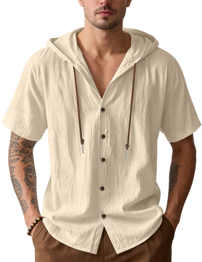HOTMen's Cotton Linen Shirts Short Sleeve Casual Sweatshirts Button Down Summer Beach Wedding Shirts with Hoodies
