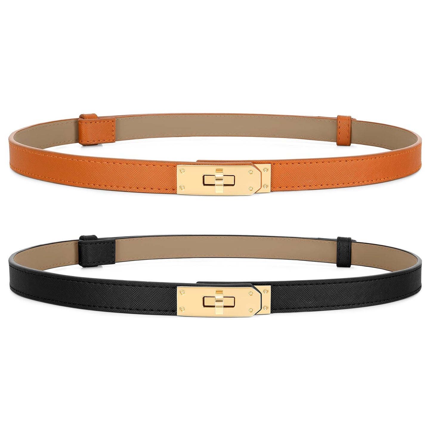 HOT2 Pack Women Skinny Leather Belt for Dresses Jeans Solid Color Alloy Turn Lock