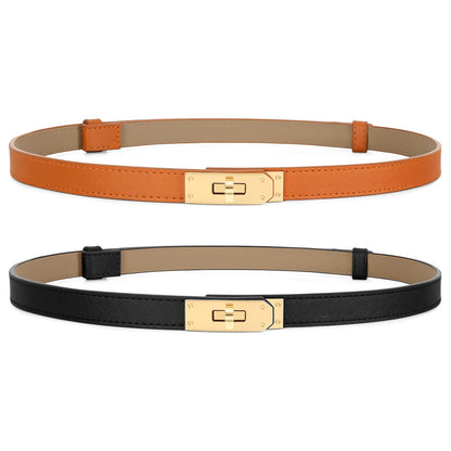 HOT2 Pack Women Skinny Leather Belt for Dresses Jeans Solid Color Alloy Turn Lock