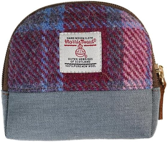 HOTHarris Tweed Women’s Small Coin Purse | Period Bag | Canvas & Wool Change Pouch with YKK Zipper (Blue pink)