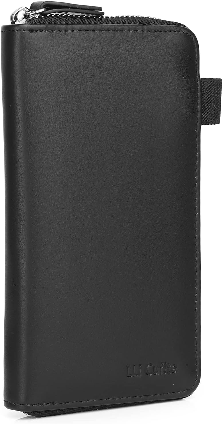 HOTLLi Cufite Genuine Leather Zipper Checkbook Cover with Divider & Card Holder Italian Calfskin, For Men & Women, Deluxe Check Holder RFID Blocking