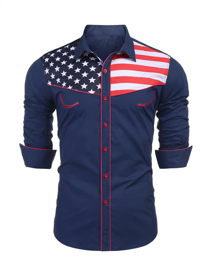 HOTCOOFANDY Men's American Flag Button Down Shirts Western Cowboy Shirt Slim Fit Patriotic Long Sleeve Shirt