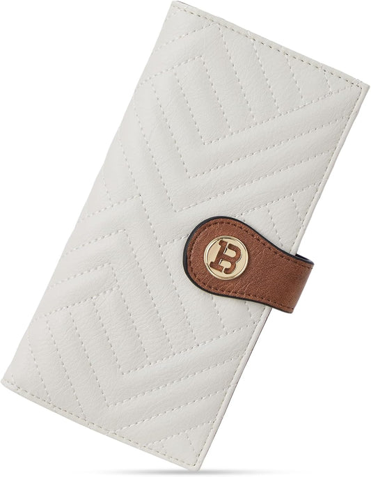 HOTBOSTANTEN Slim Wallet Women RFID Card Holder with Zipper Coin Pocket | Thin, Lightweight, 11 Card Slots, Long Bifold, Clutch Wallet, Fits Small Purses, Quilted Vegan Leather, Gifts, Beige＆Brown