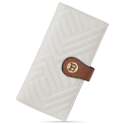 HOTBOSTANTEN Slim Wallet Women RFID Card Holder with Zipper Coin Pocket | Thin, Lightweight, 11 Card Slots, Long Bifold, Clutch Wallet, Fits Small Purses, Quilted Vegan Leather, Gifts, Beige＆Brown