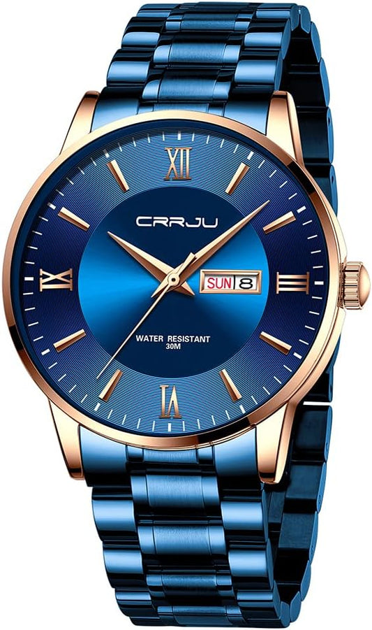 HOTCRRJU Men's Fashion Luxury Stainless Steel Watches for Men Business Auto Date Chronograph Analog Quartz Wristwatches