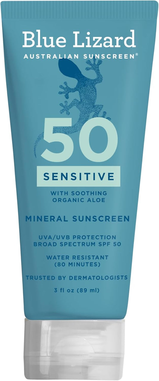 HOTBlue Lizard SENSITIVE Mineral Sunscreen with Zinc Oxide, SPF 50+, Water Resistant, UVA/UVB Protection with Smart Cap Technology - Fragrance Free, 3 oz. Tube