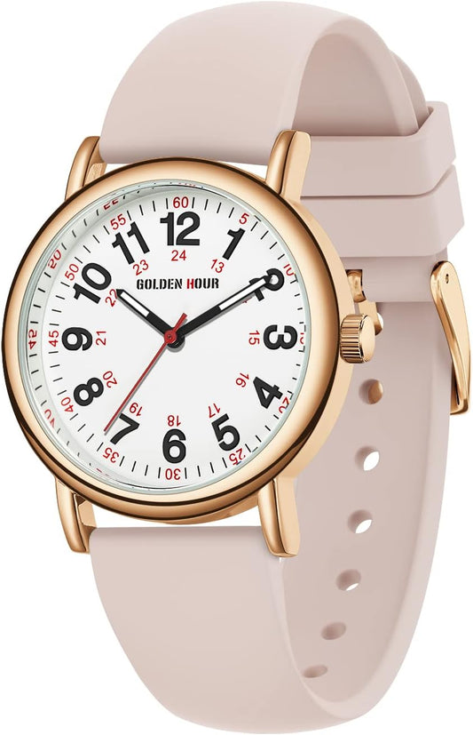 HOTGOLDEN HOUR Waterproof Nurse Watch for Medical Professionals, Students Women Men - Military Time Luminouse Easy Read Dial, 24 Hour with Second Hand, Colorful Silicone Band
