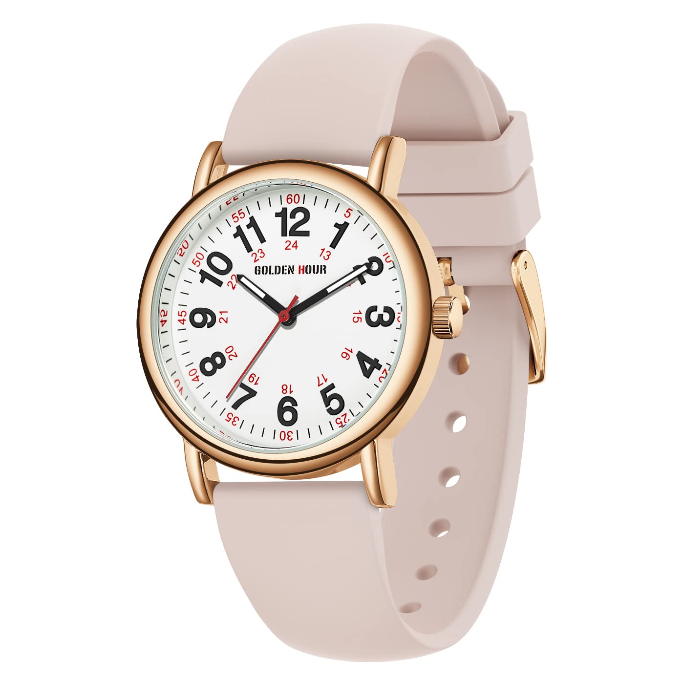 HOTGOLDEN HOUR Waterproof Nurse Watch for Medical Professionals, Students Women Men - Military Time Luminouse Easy Read Dial, 24 Hour with Second Hand, Colorful Silicone Band