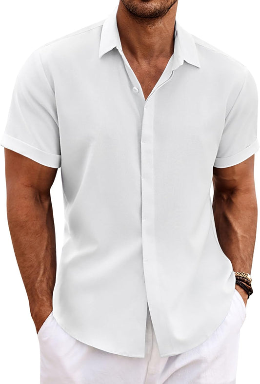 HOTCOOFANDY Men's Linen Shirts Short Sleeve Casual Shirts Button Down Shirt for Men Beach Summer Wedding Shirt