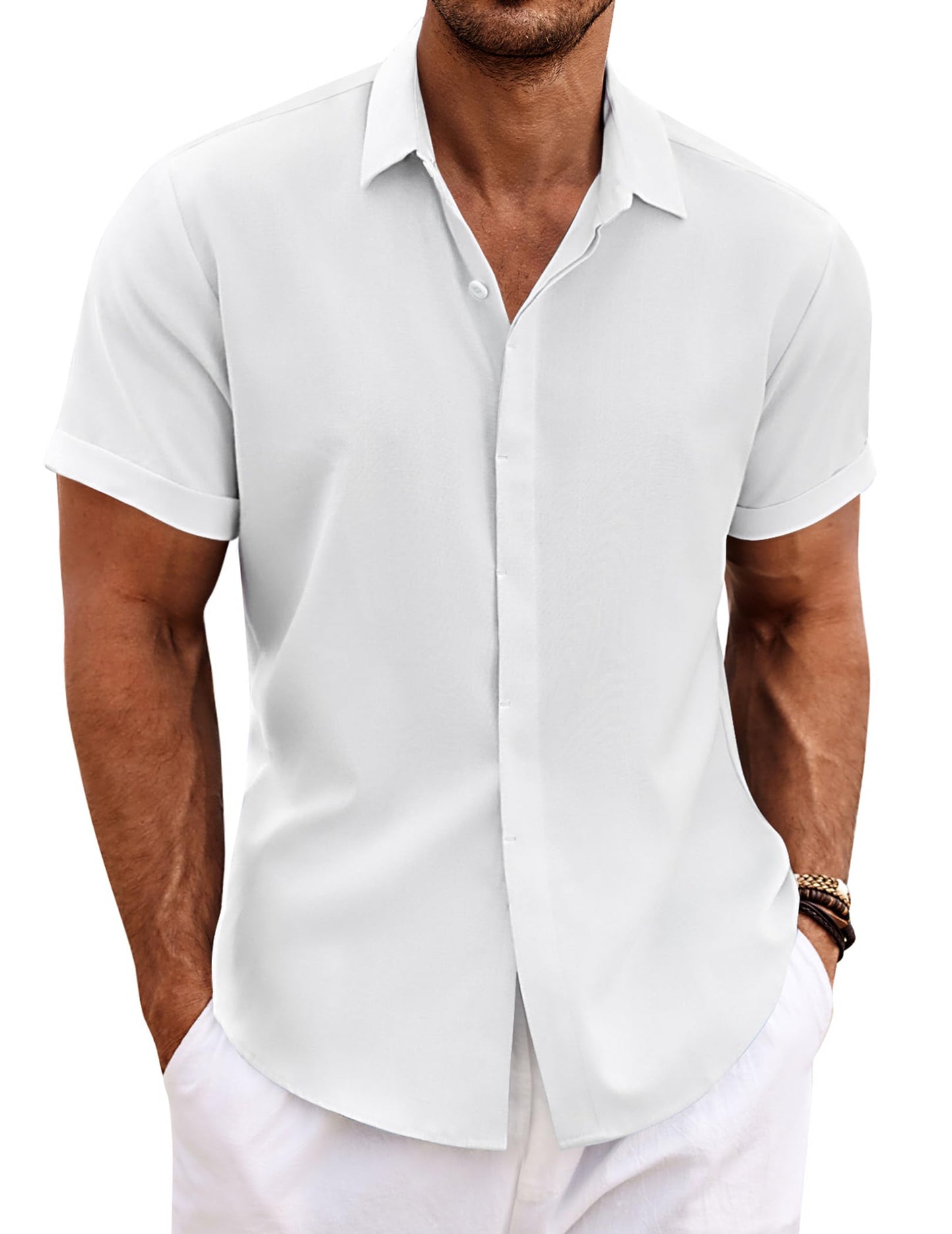 HOTCOOFANDY Men's Linen Shirts Short Sleeve Casual Shirts Button Down Shirt for Men Beach Summer Wedding Shirt
