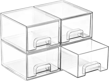 HOTVtopmart 4 Pack Small Clear Stackable Storage Drawers,Acrylic Bathroom Makeup Organizer,Plastic Storage Bins for Vanity, Undersink, Kitchen Cabinets, Pantry, Home Organization