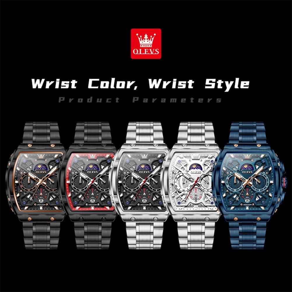 HOTOLEVS Men Watches Business Dress Chronograph Big Square Quartz Analog Male Watch Silicone Strap Waterproof Date Gift Mens Wrsit Watch Silver