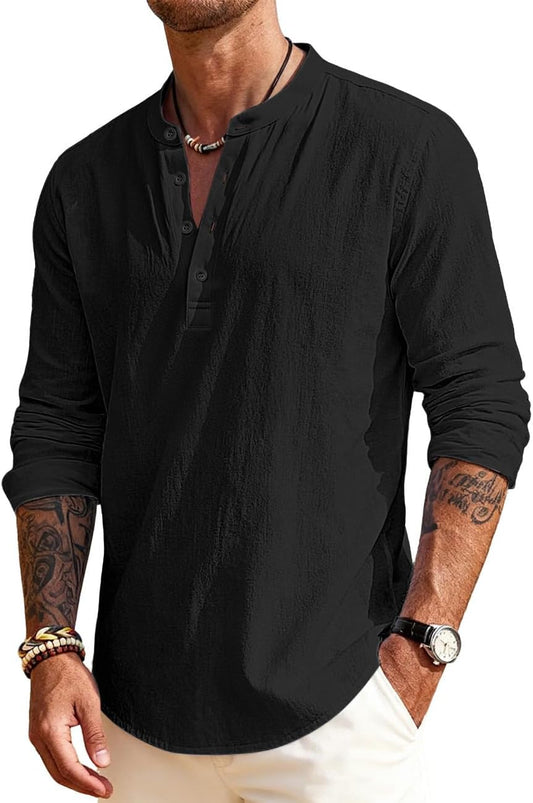 HOTMen's Linen Shirts Henley T-Shirts Long Sleeve Casual Beach T-Shirts Solid Tops Shirts for Men Black