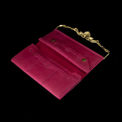 HOTElegant womens leather wallet with brass flower decorative clasp, bifold ladies clutch