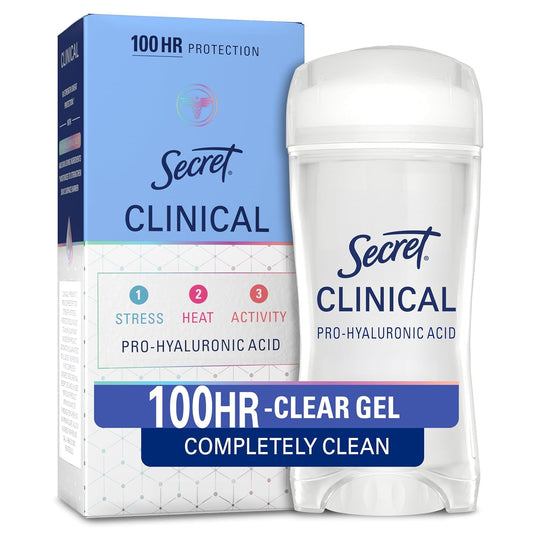 HOTSecret Clinical Strength 100HR Sweat & Odor, Clear Gel Antiperspirant Deodorant for Women, 3X Stress Protection with Hyaluronic Acid, PH Balancing Minerals, Completely Clean Scent, 2.6 oz
