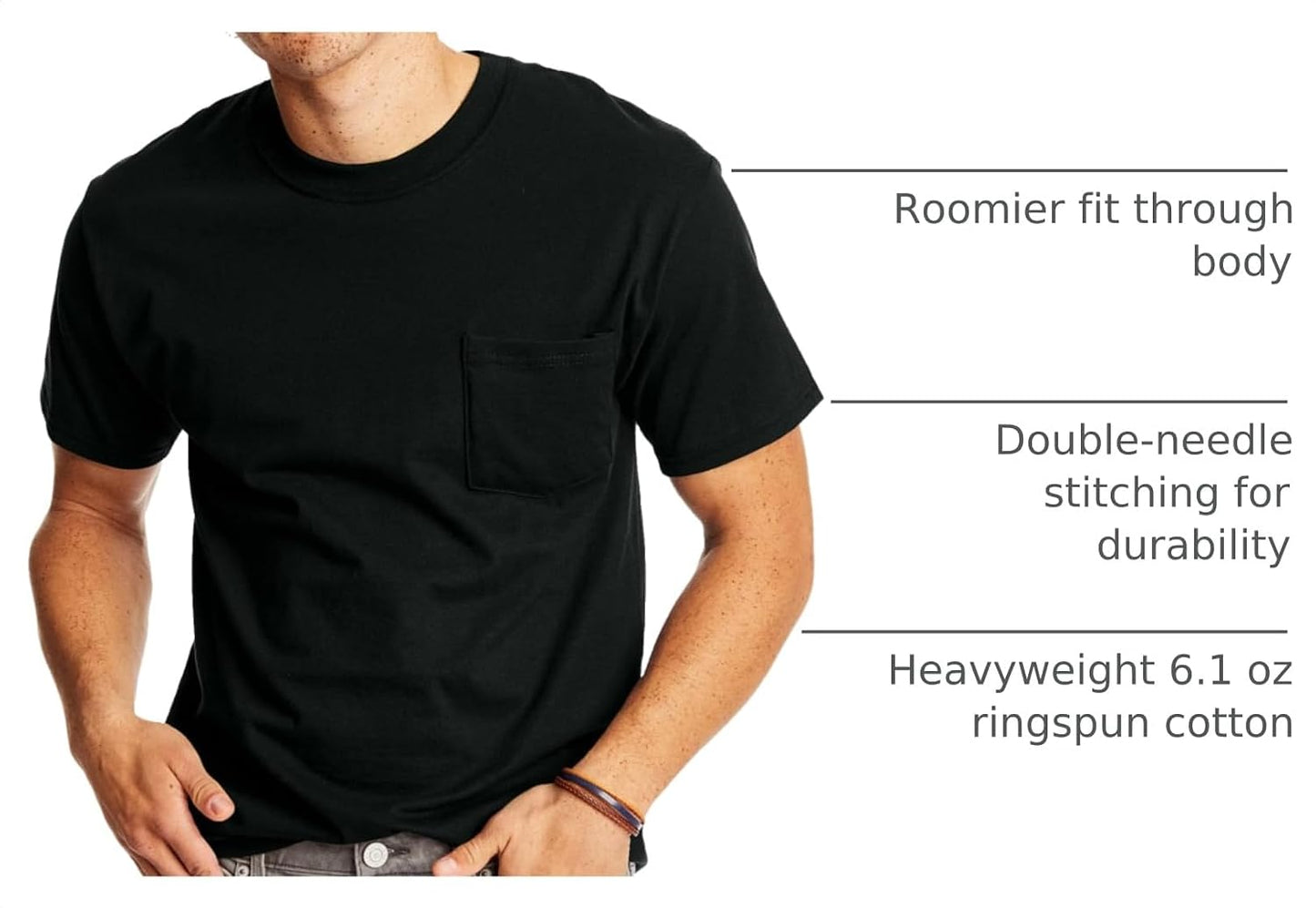 HOTHanes Men's Beefy-t Pocket, Heavyweight Cotton Pocket Tee for Men, Full-Cut T-Shirt, 1 Or 2 Pack