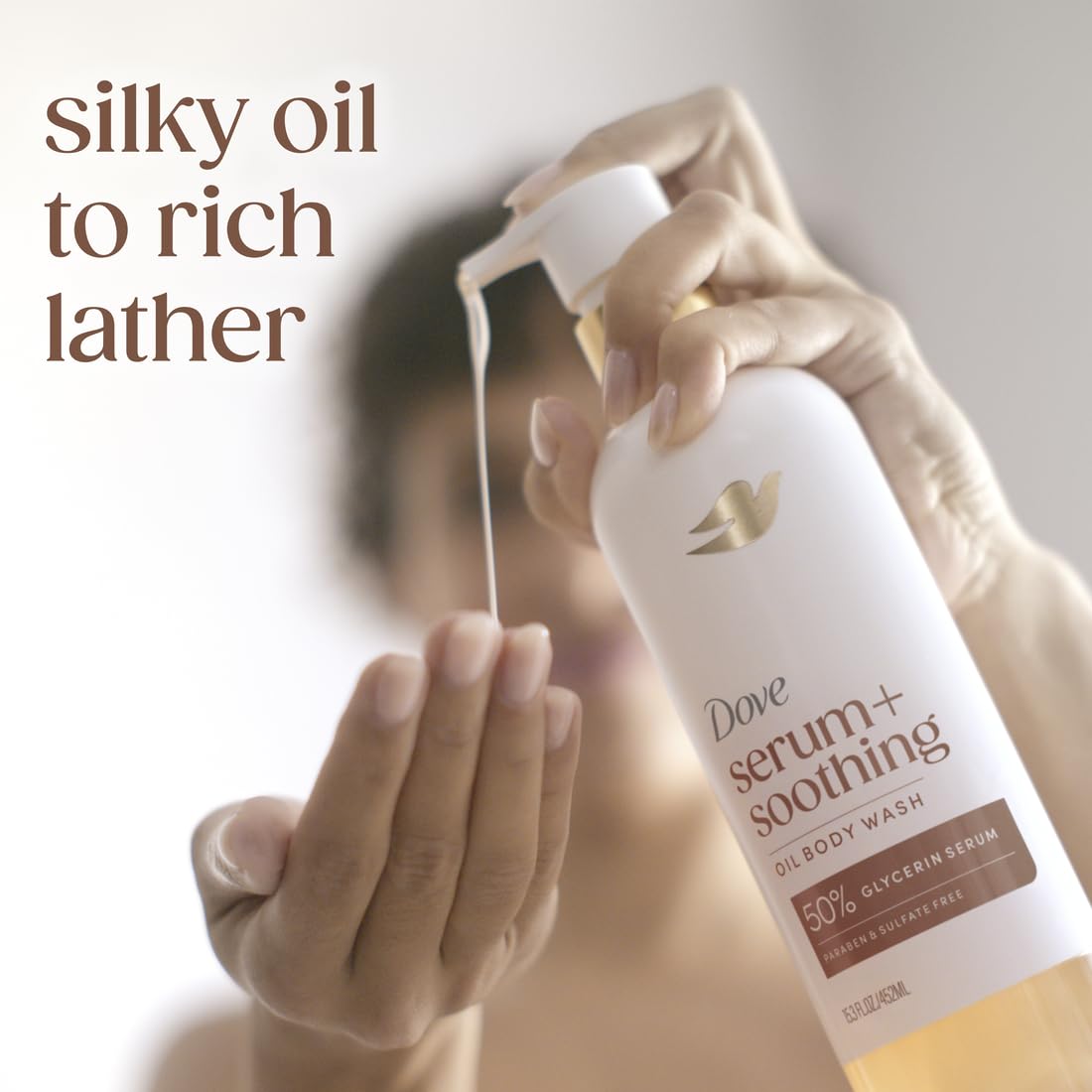 HOTDove Serum+ Shower Oil Body Wash Soothing, Almond Oil & Sandalwood, 15.3 fl oz I Hydrating shower oil body wash with glycerin serum for soft, smooth skin and a soothing shower experience