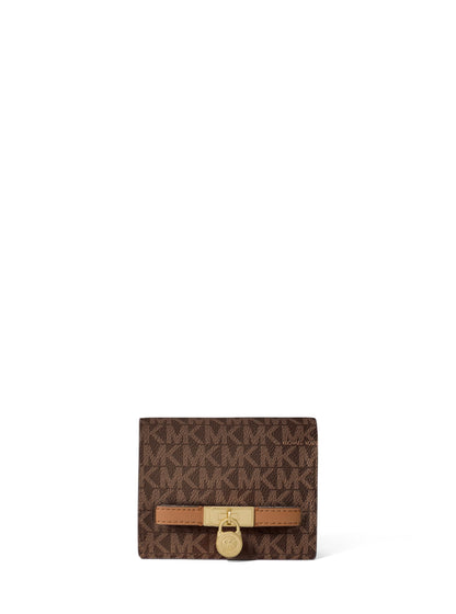 HOTMichael Kors Hamilton Small Compact Wallet, Gold-Tone Hardware/MK Signature Coated Twill/Brown/Black