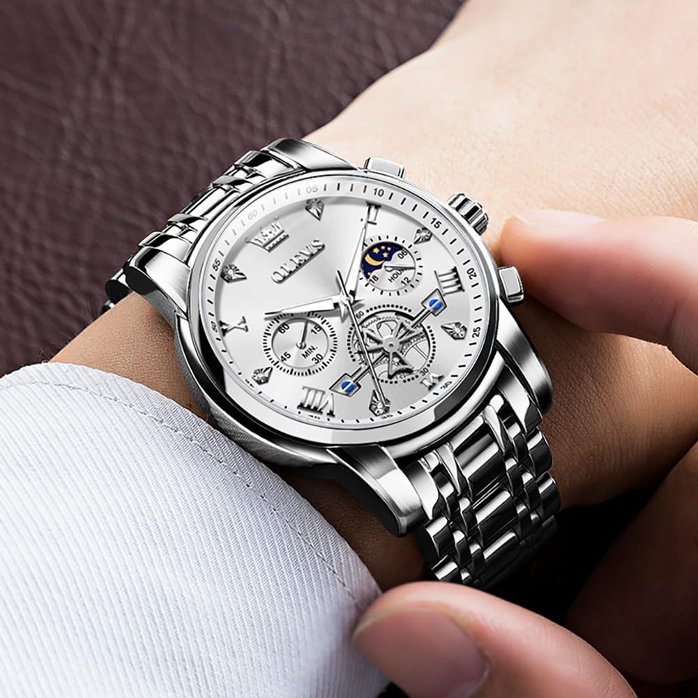 HOTOLEVS Watches Men Stainless Steel Chronograph Watch Luxury Big Face Man Dress Watches Waterproof Roman Numeral Analog Quartz Men Wrist Watch Diamond Relojes para Hombre(Silver/Black/Gold/Red/Blue)