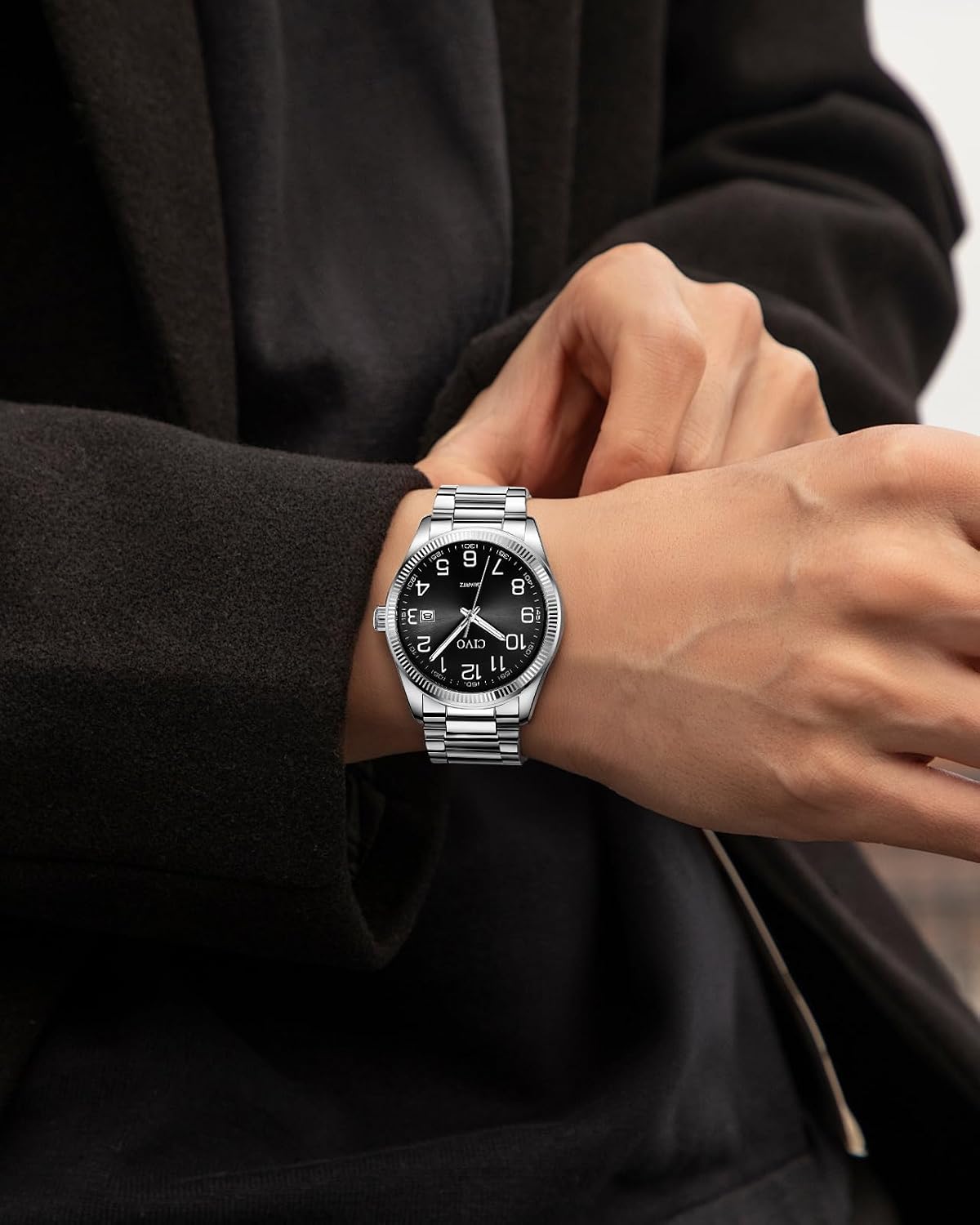HOTCIVO Silver Analog Watches for Men: Stainless Steel Dress Wrist Watch Date | Classic, Easy to Read Large Numbers, Waterproof for Work, Formal, Gifts for Husband, Son, Father, Birthday, Anniversary