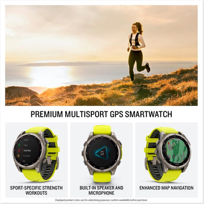 HOTGarmin fēnix® 8 – 47 mm, Solar, Sapphire, Premium Multisport GPS Smartwatch, Long-Lasting Battery Life, Dive-Rated, Built-in LED Flashlight, Titanium with Amp Yellow/Graphite Band | 47mm Sapphire Solar Multisport GPS, Titanium Case, Built-in LED Flashl