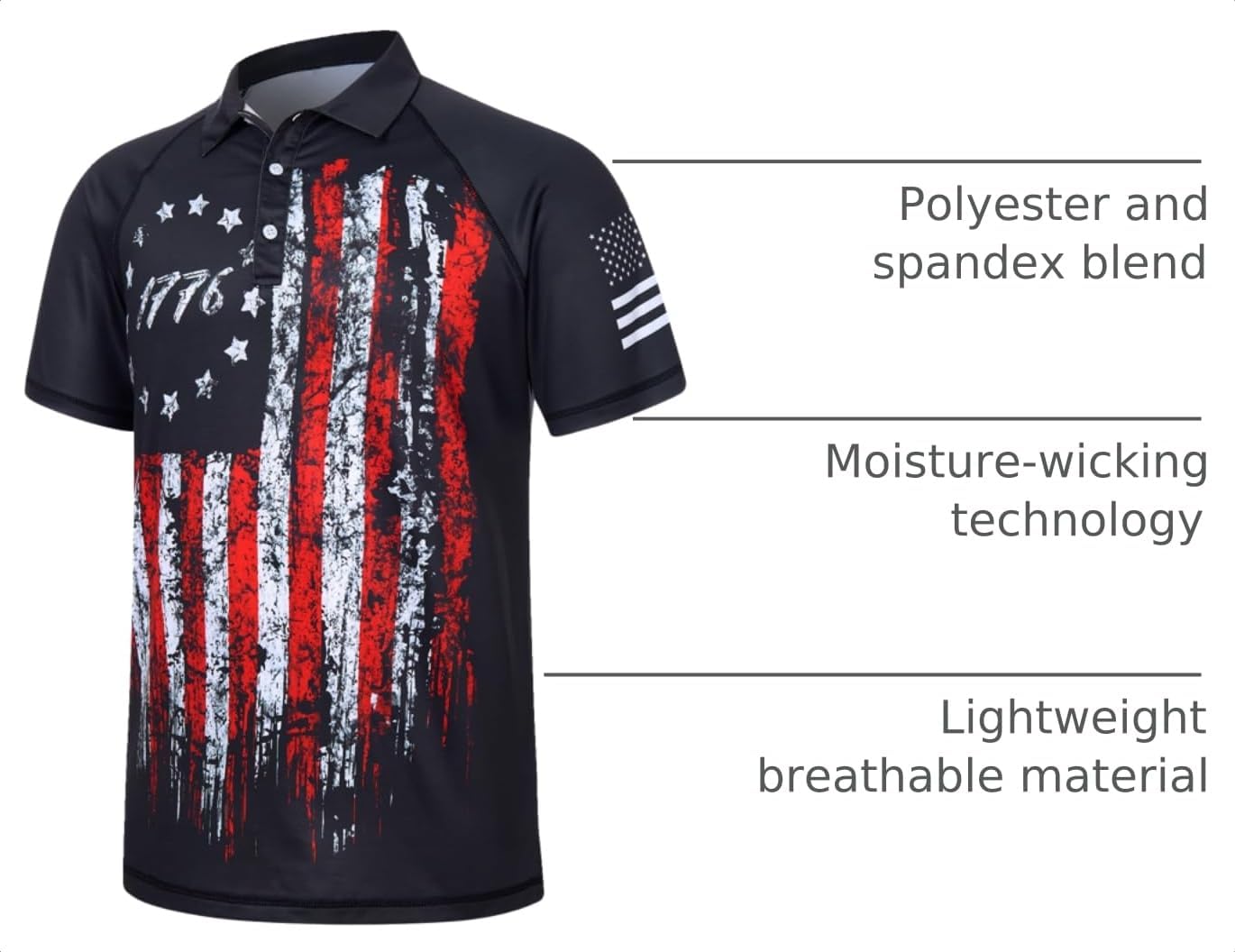 HOTRAISEVERN Mens American Flag Print Golf Polo Shirt Patriotic Raglan Sleeve Tees