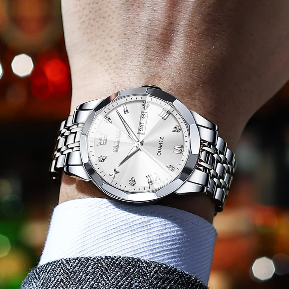 HOTOLEVS Watch for Men Diamond Business Dress Analog Quartz Stainless Steel Waterproof Luminous Date Two Tone Luxury Casual Wrist Watch Blue