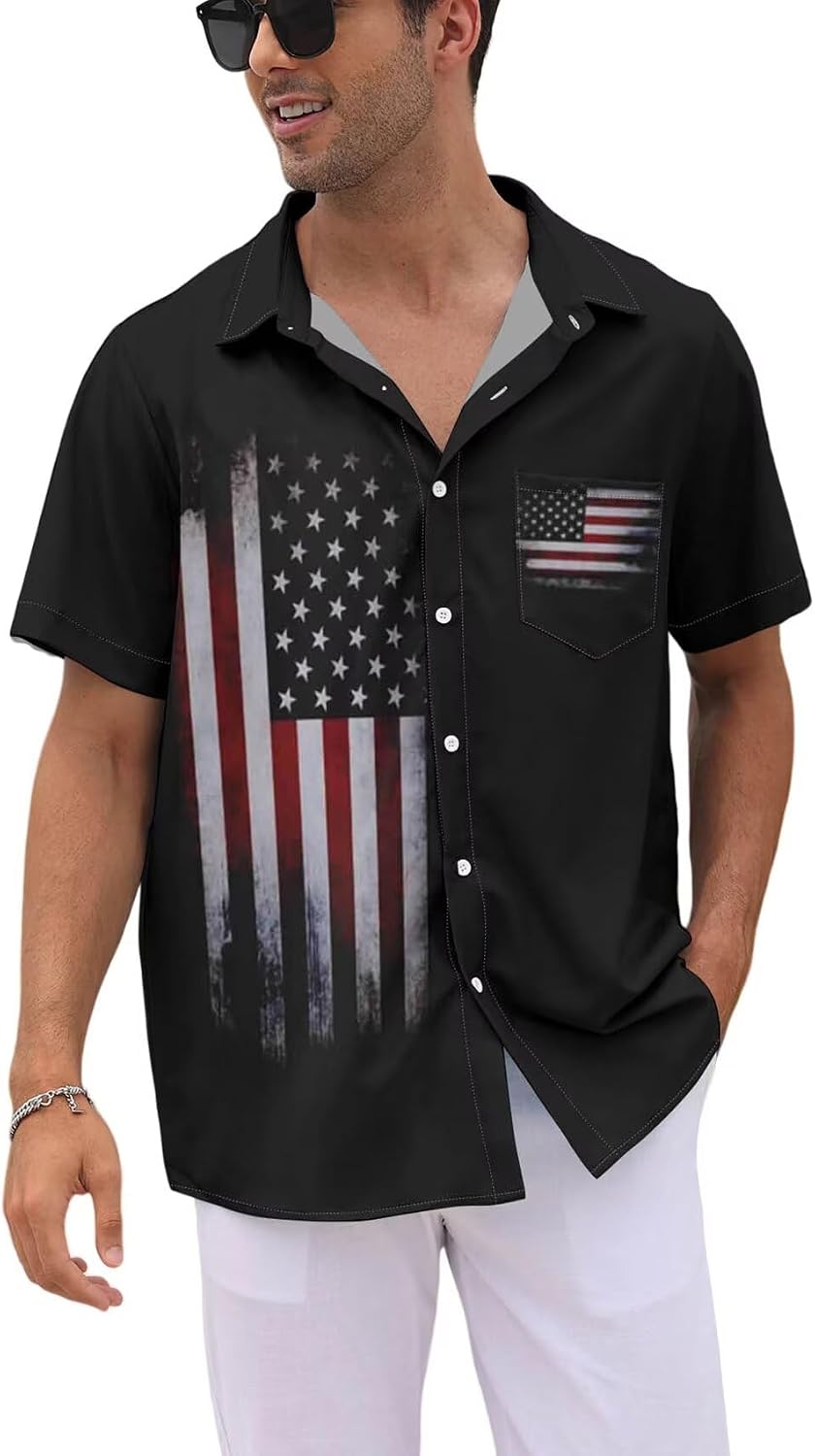 HOTWHO IN SHOP Men's 4th of July American Flag Patriotic Shirts Short Sleeve Button Up USA Memorial Day Shirts