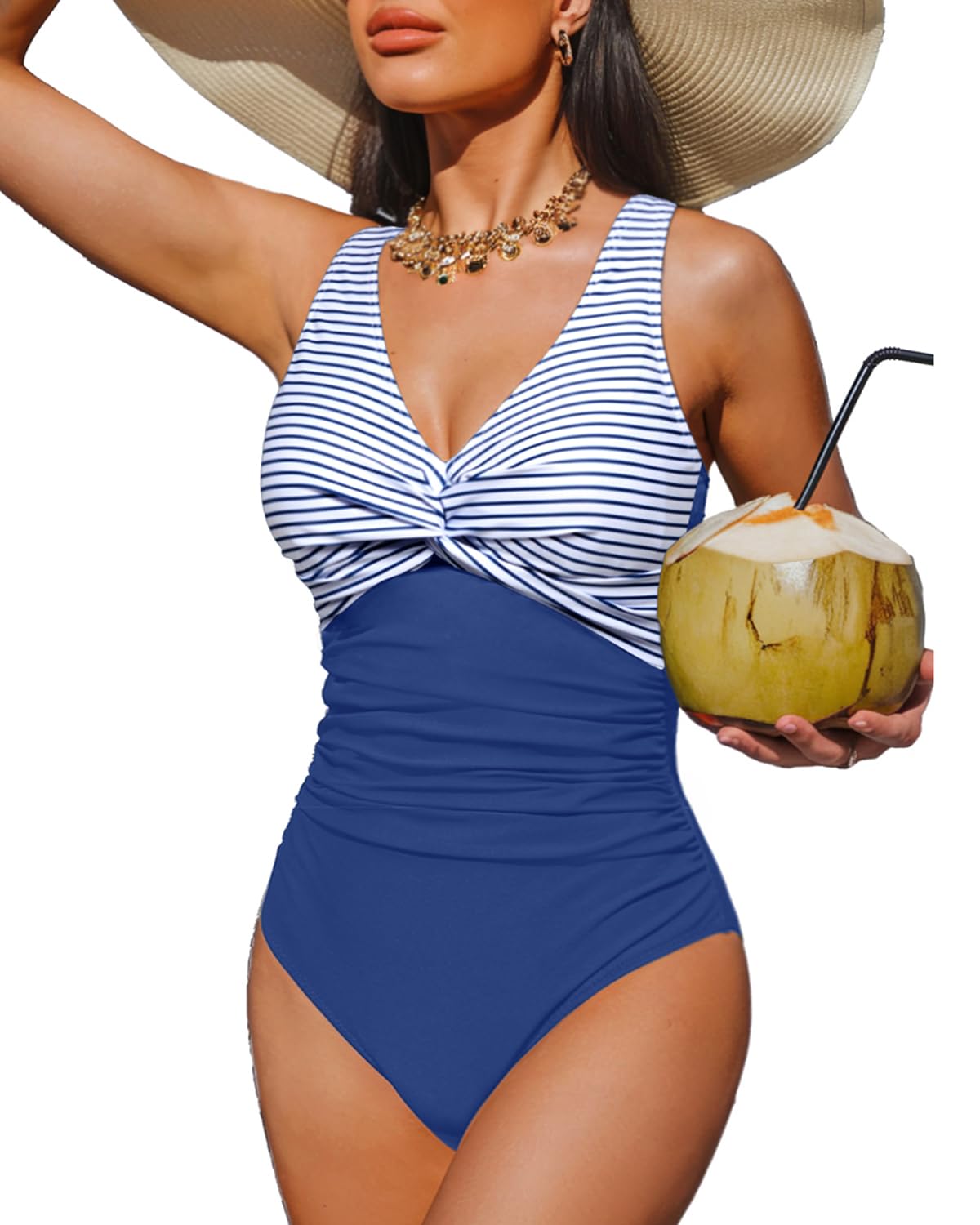 HOTWomen's Tummy Control One Piece Swimsuit Push Up Full Coverage Bathing Suit | V-Neck Twist Front, Low-Back Design, Adjustable Straps, Removable Pads, Full Coverage, Long-Torso Fit, Beach and Pool Days