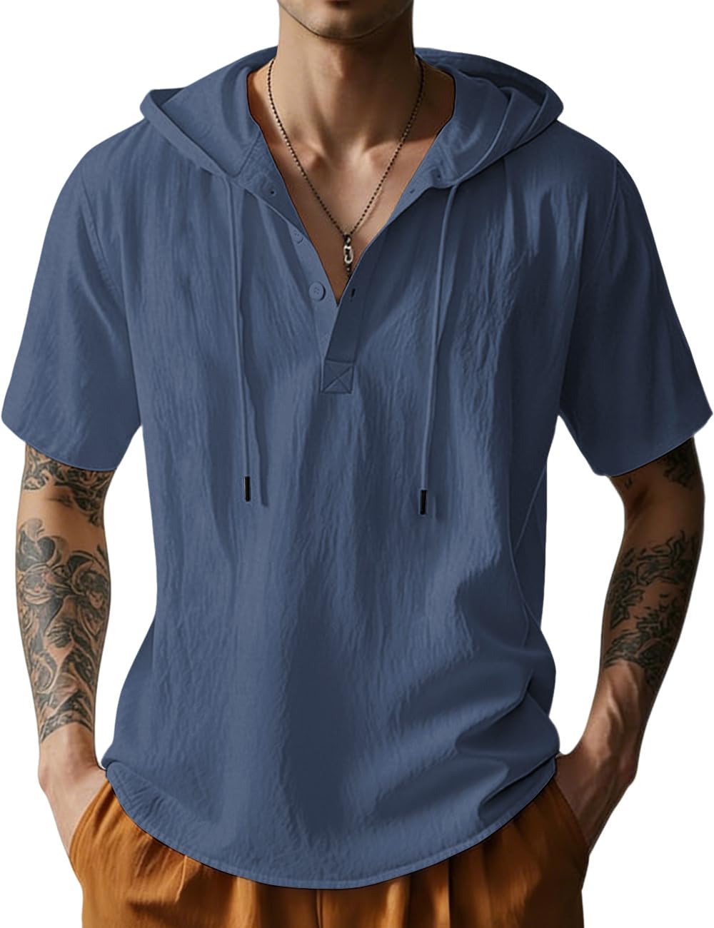 HOTMen's Cotton Linen Shirts Short Sleeve Casual Button Down Hoodies Summer Hawaiian Beach Top with Drawstring
