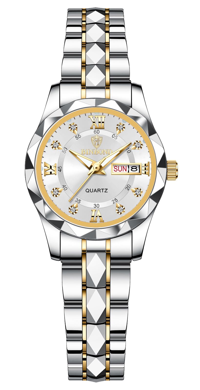 HOTGosasa Luxury Men's and Women's Business Diamond Stainless Steel Waterproof Roman Numeral Analog Quartz Watch with Day-Date Calendar, Gold and Silver Tone