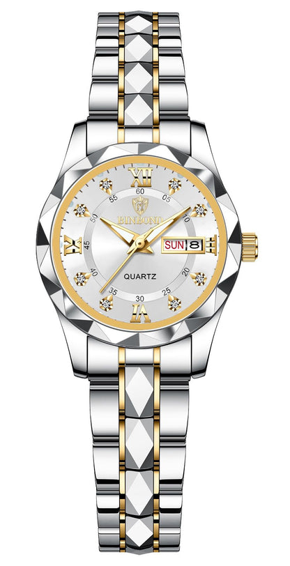 HOTGosasa Luxury Men's and Women's Business Diamond Stainless Steel Waterproof Roman Numeral Analog Quartz Watch with Day-Date Calendar, Gold and Silver Tone