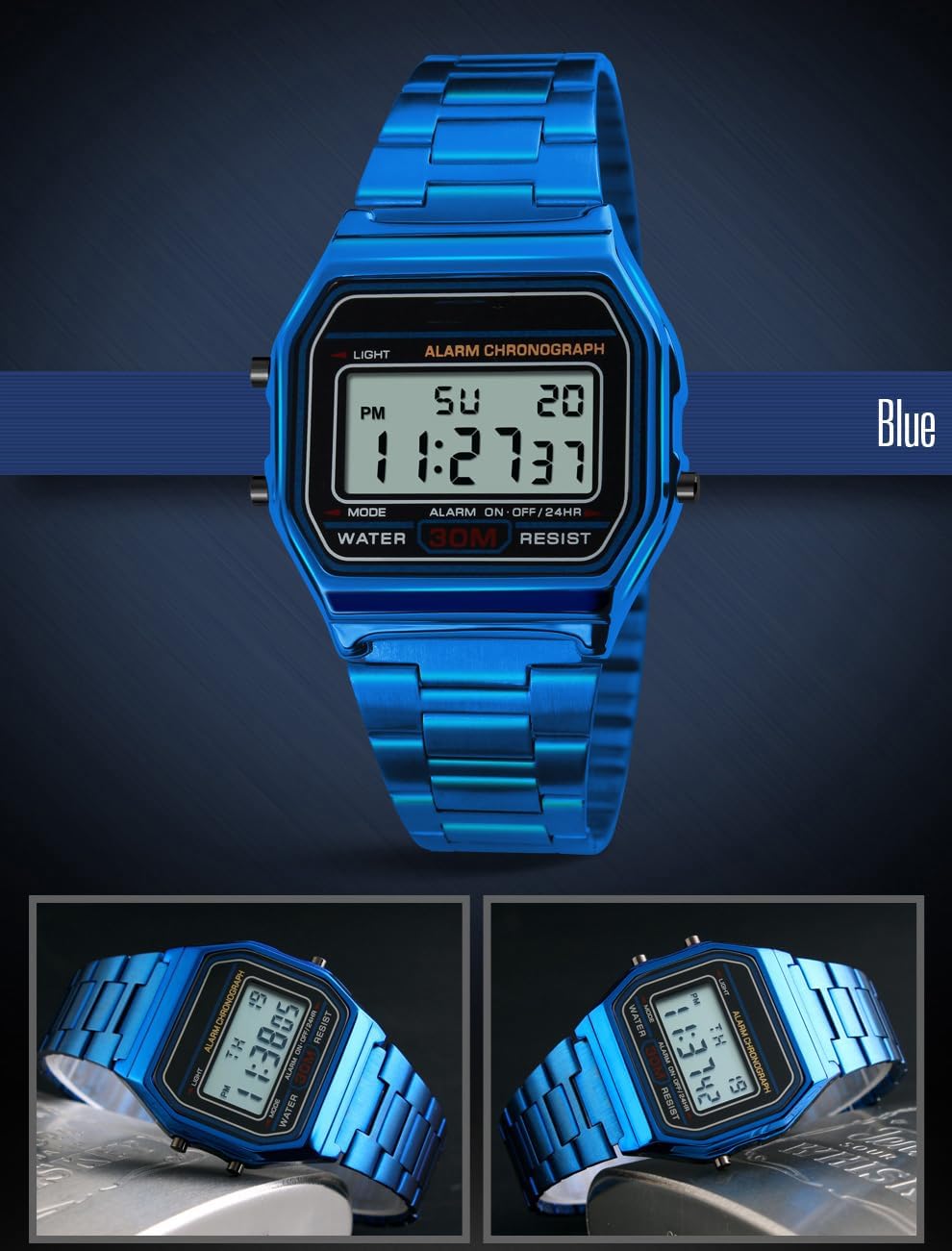 HOTPASOY Men's Digital Gold Stainless Steel Watch Backlit Multifunction Stopwatch Waterproof Sport Watches
