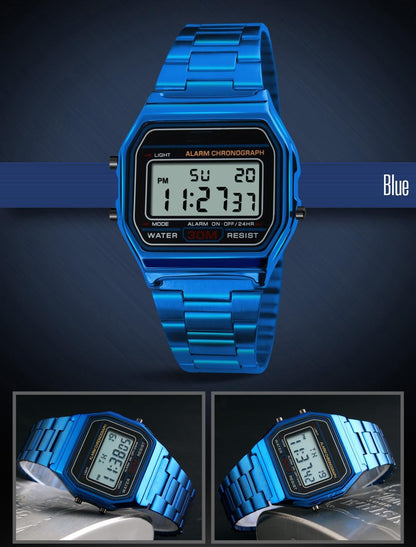 HOTPASOY Men's Digital Gold Stainless Steel Watch Backlit Multifunction Stopwatch Waterproof Sport Watches