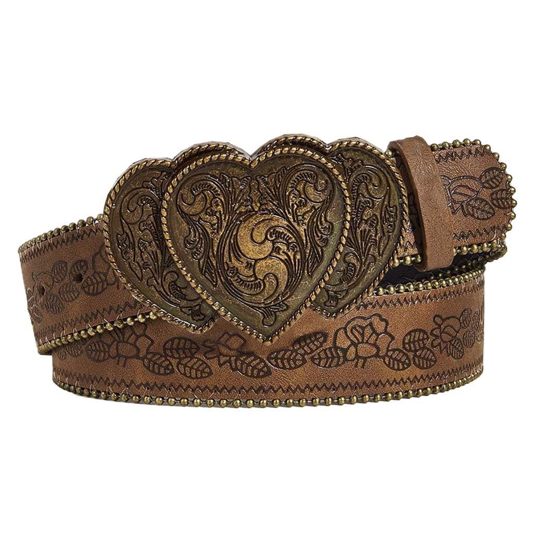 HOTWomen Western Belt with Heart Embossed Buckle Vintage Brown Belt for Jeans Pant Dress Cowgirl Cowboy Belts