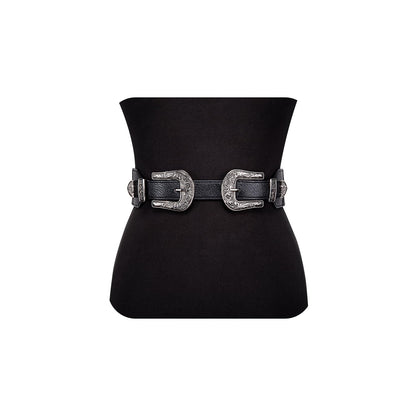 HOTDubulle Womens Belt Chain Leather Belts Vintage Western Adjustable Elastic Double Buckle for Cowboy Pant Dress