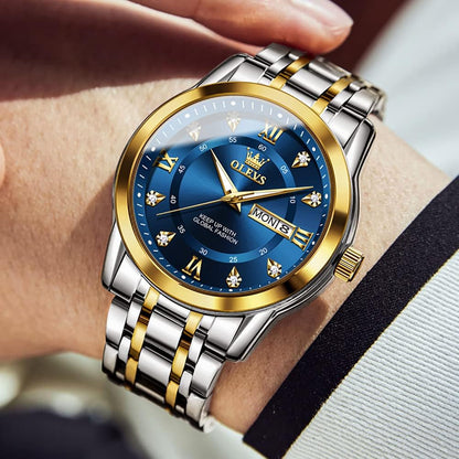 HOTOLEVS Men Watch Blue Gold Analog Quartz Stainless Steel Waterproof Luminous Date Luxury Casual Watch
