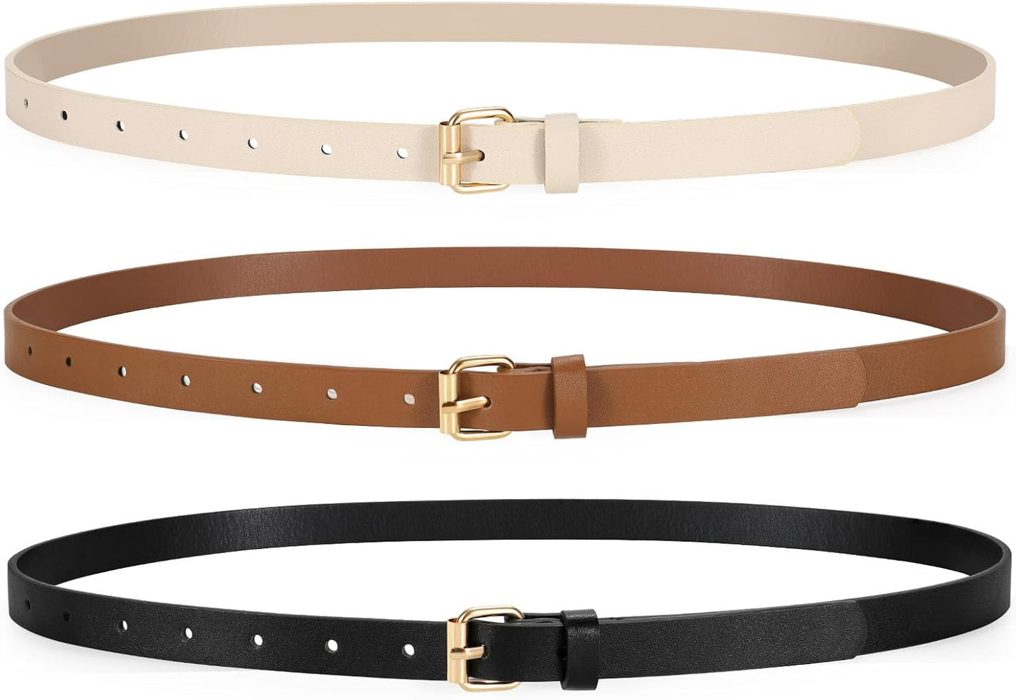 HOTTRIWORKS 3 Pack Women Skinny Leather Belt for Jeans Pants Dress Ladies Thin Waist Belt with Gold Buckle