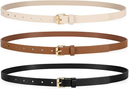 HOTTRIWORKS 3 Pack Women Skinny Leather Belt for Jeans Pants Dress Ladies Thin Waist Belt with Gold Buckle