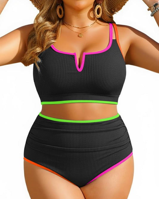 HOTWomen Plus Size High Waisted Bikini Ribbed Two Piece Tummy Control Swimsuit | V-Wired Bathing Suit, Adjustable Straps, Full Coverage, Full Lining