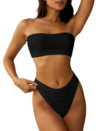 HOTZAFUL Women Strapless Bandeau Bikini 2 Piece Swimwear Lace up Bathing Suits | Strapless Textured Bikini Set Cheeky Solid Bandeau Bathing Suits