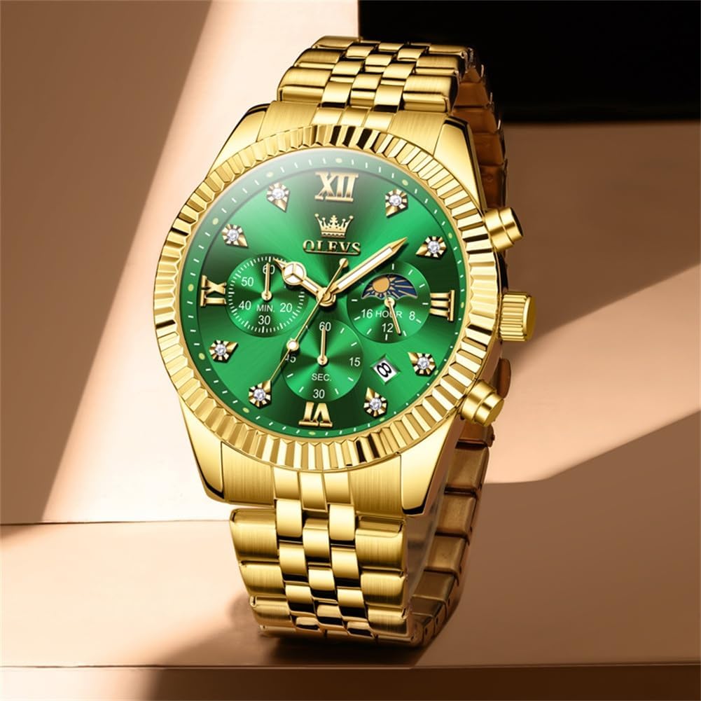 HOTOLEVS Gold Watches for Men Luxury Dress Green Big Face Stainless Steel Analog Quartz Mens Watch Wrist Waterproof Fashion Chronograph Moon Phase Luminous Mens Watches Relojes para Hombres