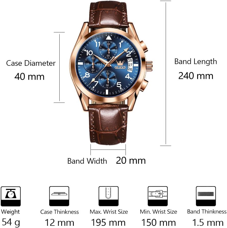 HOTOLEVS Men's Casual Leather Watch, Big Face Chronograph Watch for Men, Fashion Easy to Read Dress Watch, Men's Waterproof Luminous Date Analog Watch, Gold/Black/White/Blue Dial