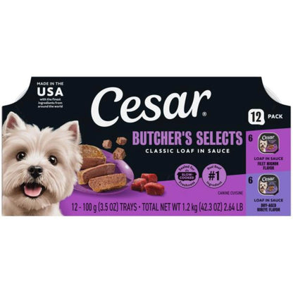 HOTCesar Classic Loaf in Sauce Wet Dog Food, Meaty Selects, 3.5 oz, 24 Count | Made in USA, Real beef or chicken #1 ingredient, no fillers or artificial flavors, slow-cooked, easy peel trays