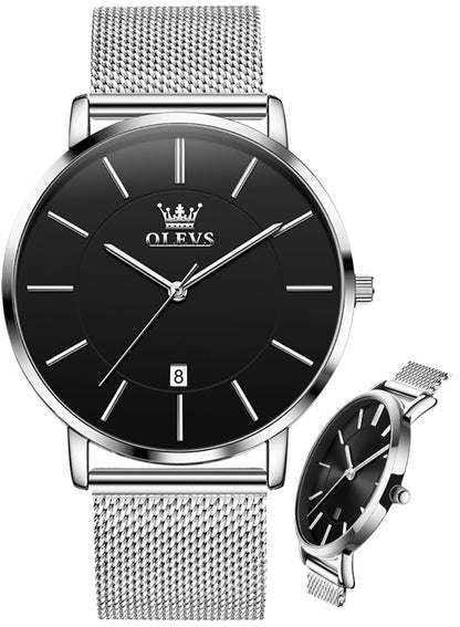 HOTOLEVS Men Leather Watches Black Ultra Thin 6.5mm Minimalist Dress Fashion Simple Casual Waterproof Date Watch for Men