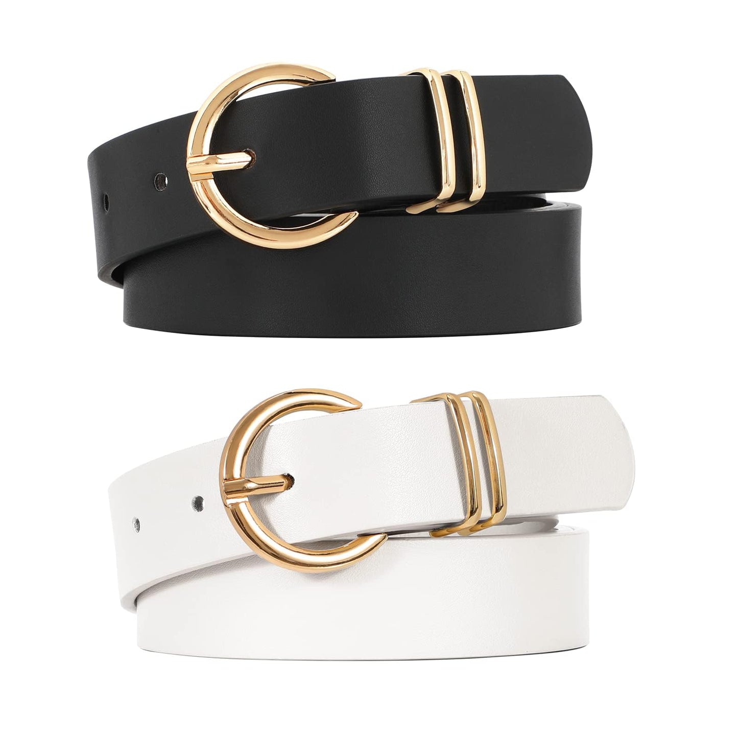 HOTVONMELLI 2 Pack Women's Leather Belts for Jeans Dresses Fashion Gold Buckle Ladies Belt
