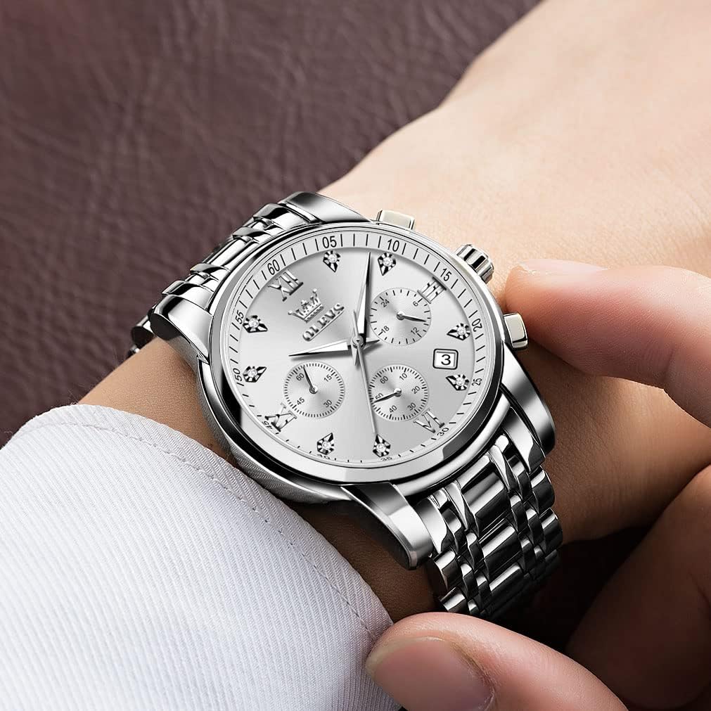 HOTOLEVS Men's Stainless Steel Chronograph Watch, Big Face Gold Silver Black Tone Easy to Read Analog Quartz Watch, Luxury Waterproof Date Diamond Roman Arabic Numerals Dial Dress Watch for Men