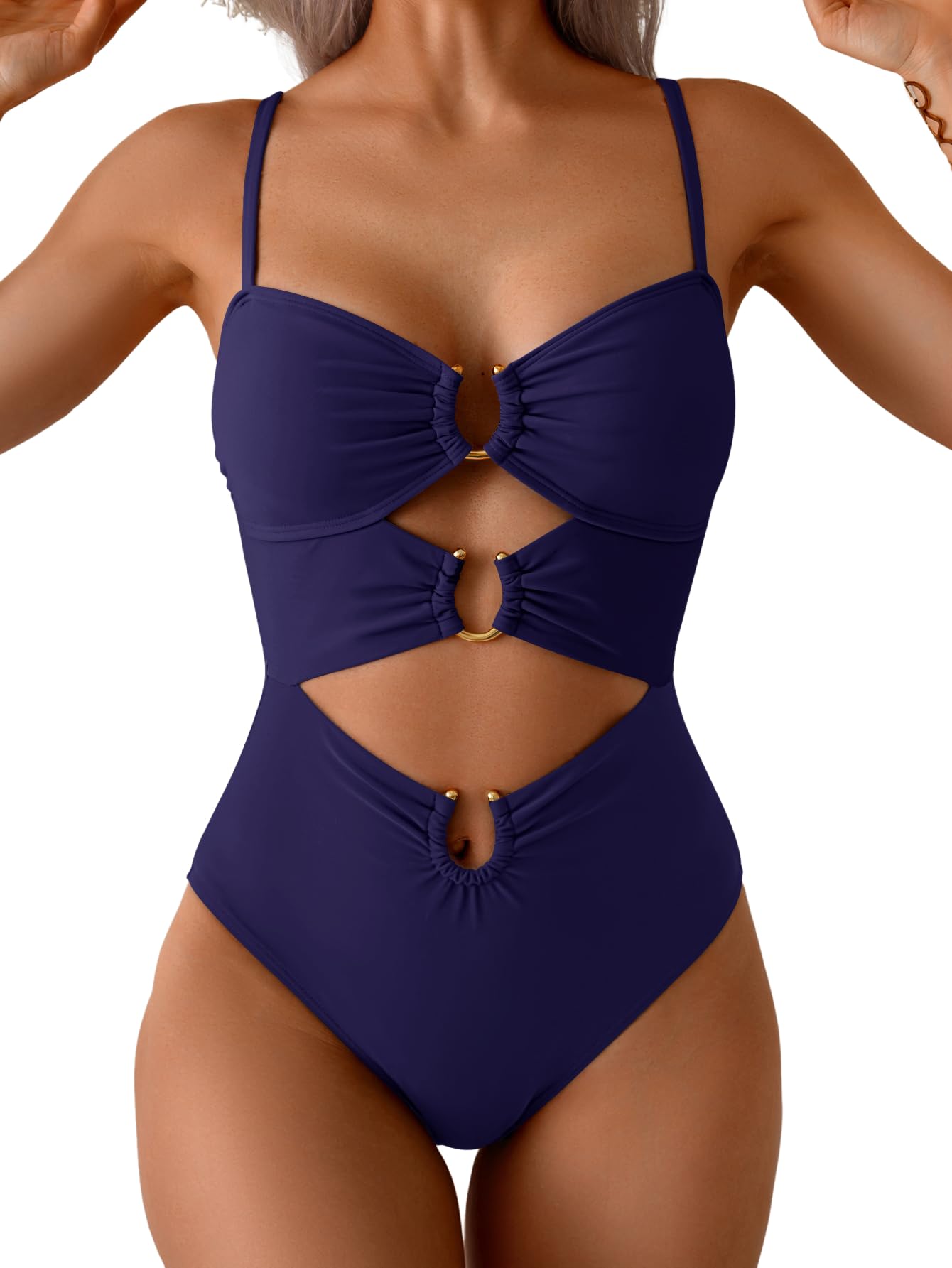HOTEomenie Womens Cutout One Piece Swimsuit Sexy Bathing Suit | Ring Linked, Adjustable Spaghetti Straps, Bra Support, Soft Removable Cups, Monokini for Beach Vacation, Pool Side