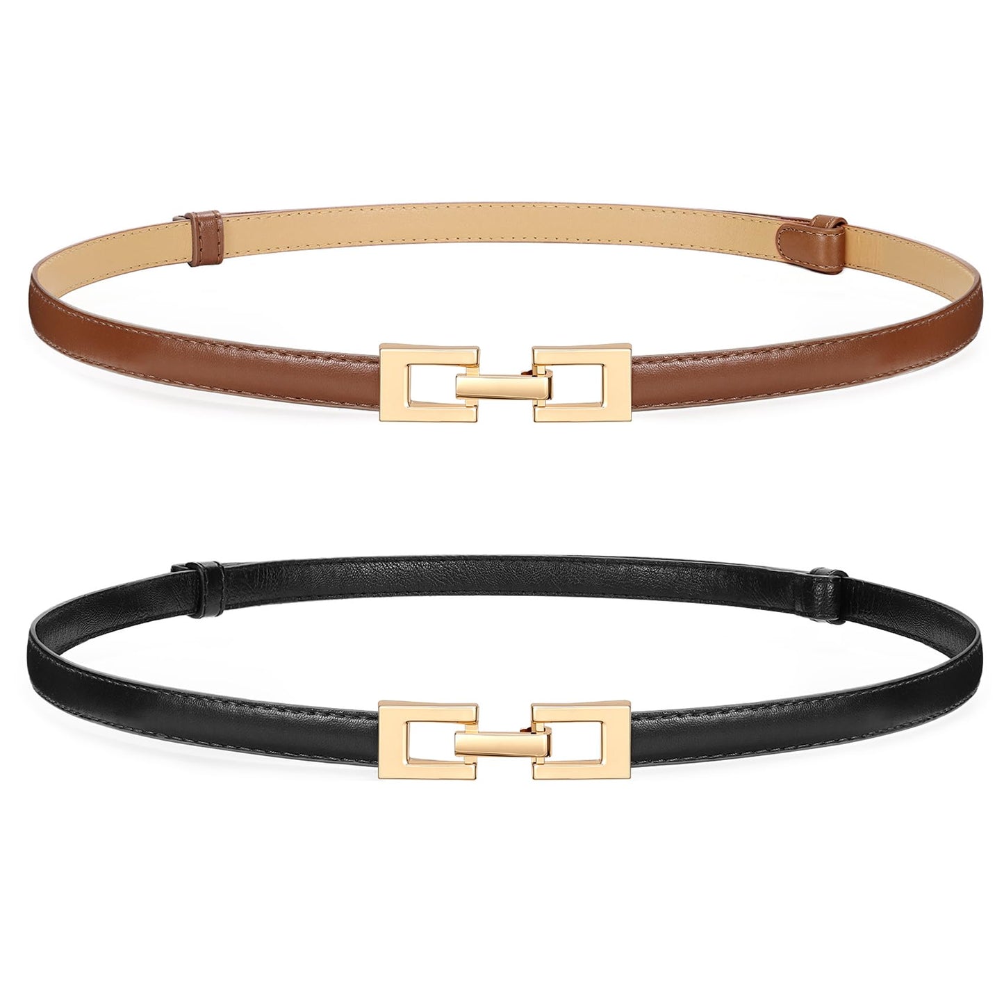 HOTWERFORU 2 Pack Women Skinny Belt Thin Waist Belt for Pants Leather Belt with Gold Buckle for Jeans Dress,0.6" width