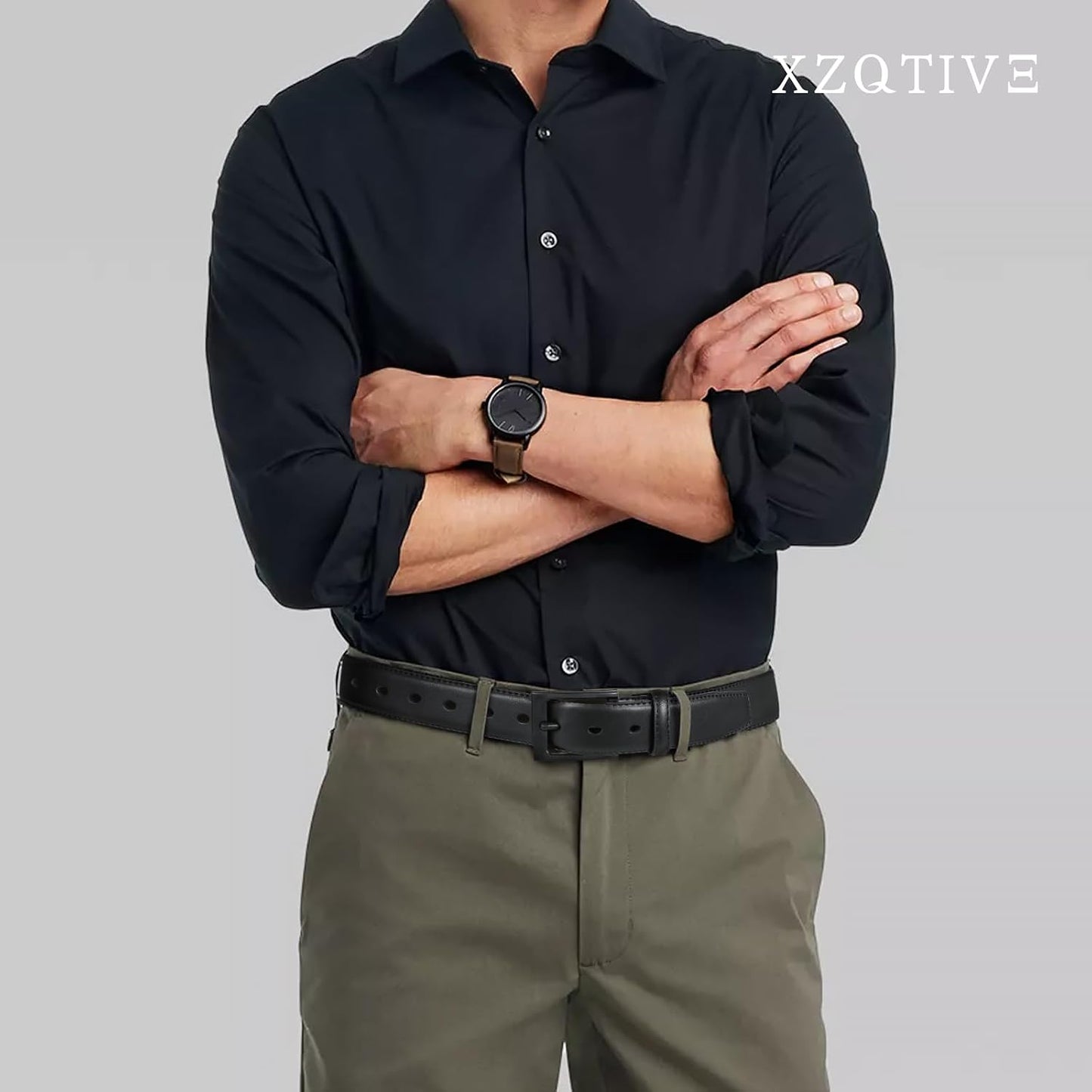 HOTXZQTIVE TSA Belt For Men Metal Free Dress Belts Hypoallergenic Leather Belt With Black Buckle Nickle Free